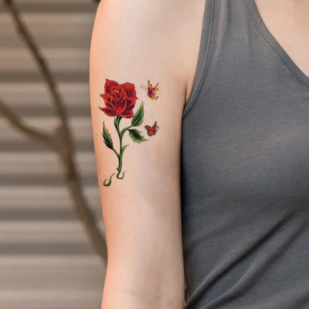 30pcs Color Flower Tattoo Stickers Butterfly Temporary Tattoos for Women Blossom Rose Flower Hand Body Decor Fake Tatoo