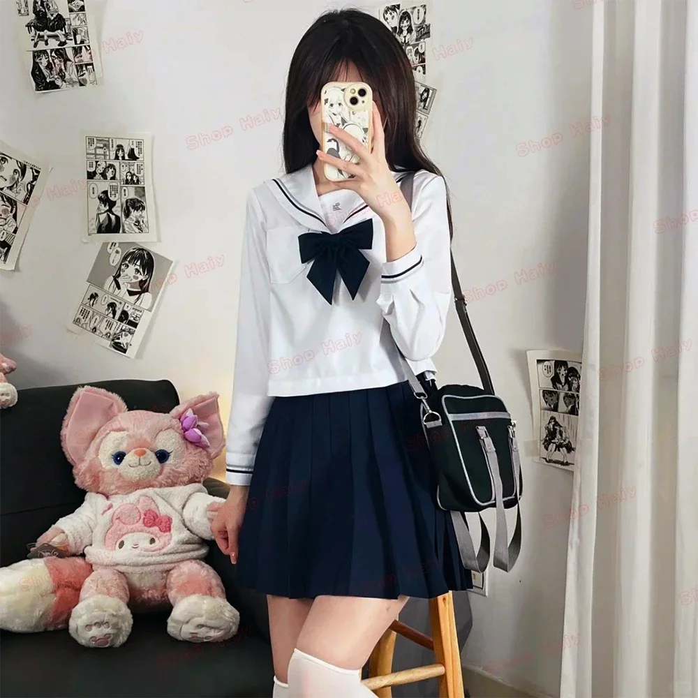 Japanse Schooluniform Meisjes Jk Pak Marineblauwe Stropdas Wit Twee Basic Sailor School Shirt Pak Sex Plooirok Plus Size Vrouwen