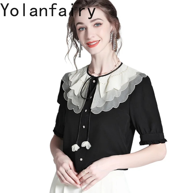 YOLANFAIRY High Quality 100% Real Mulberry Silk Shirts for Woman Summer Tops Short Sleeve Women Shirt Doll Collar Elegant Shirts
