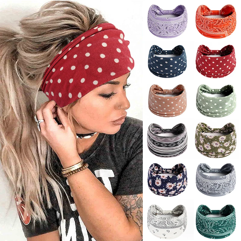 Boho Brede Katoenen Stretch Hoofdbanden Polka Dot Knoop Headwrap Tulband Dames Brede Yoga Elastische Haarbanden Bandana Haaraccessoires