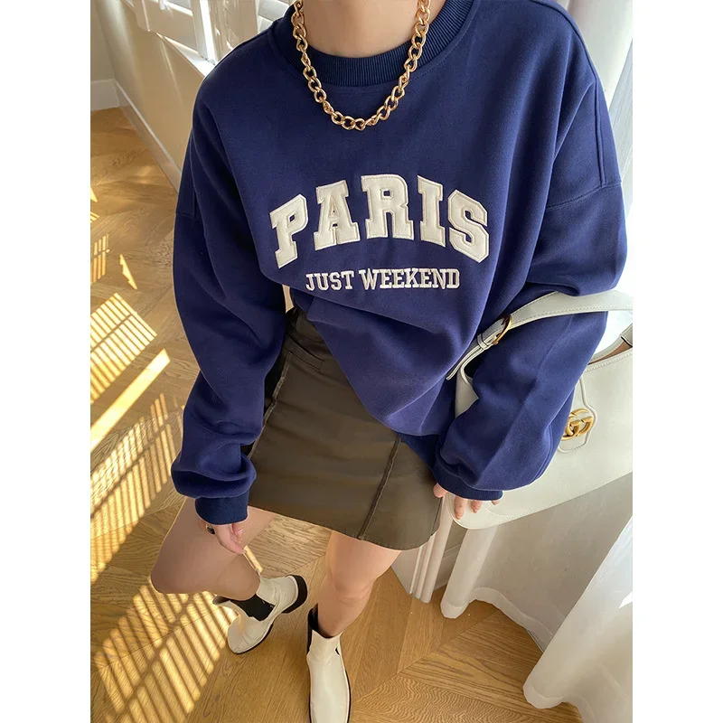 Autumn Casual Letter Embroidery Oversized Sweatshirt Drop Shoulder Sleeves Loose Sweater