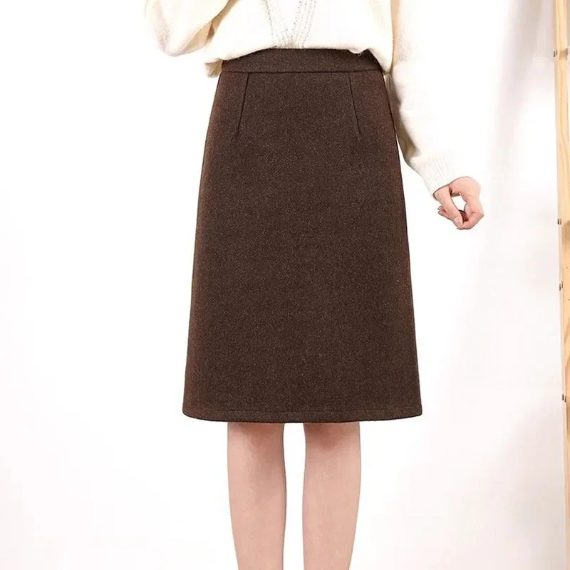 Color Versatile Solid Midi Skirts Female Vintage Streetwear Thicken Woolen A-Line Skirts Women Simple Casual Knee Length Skirt