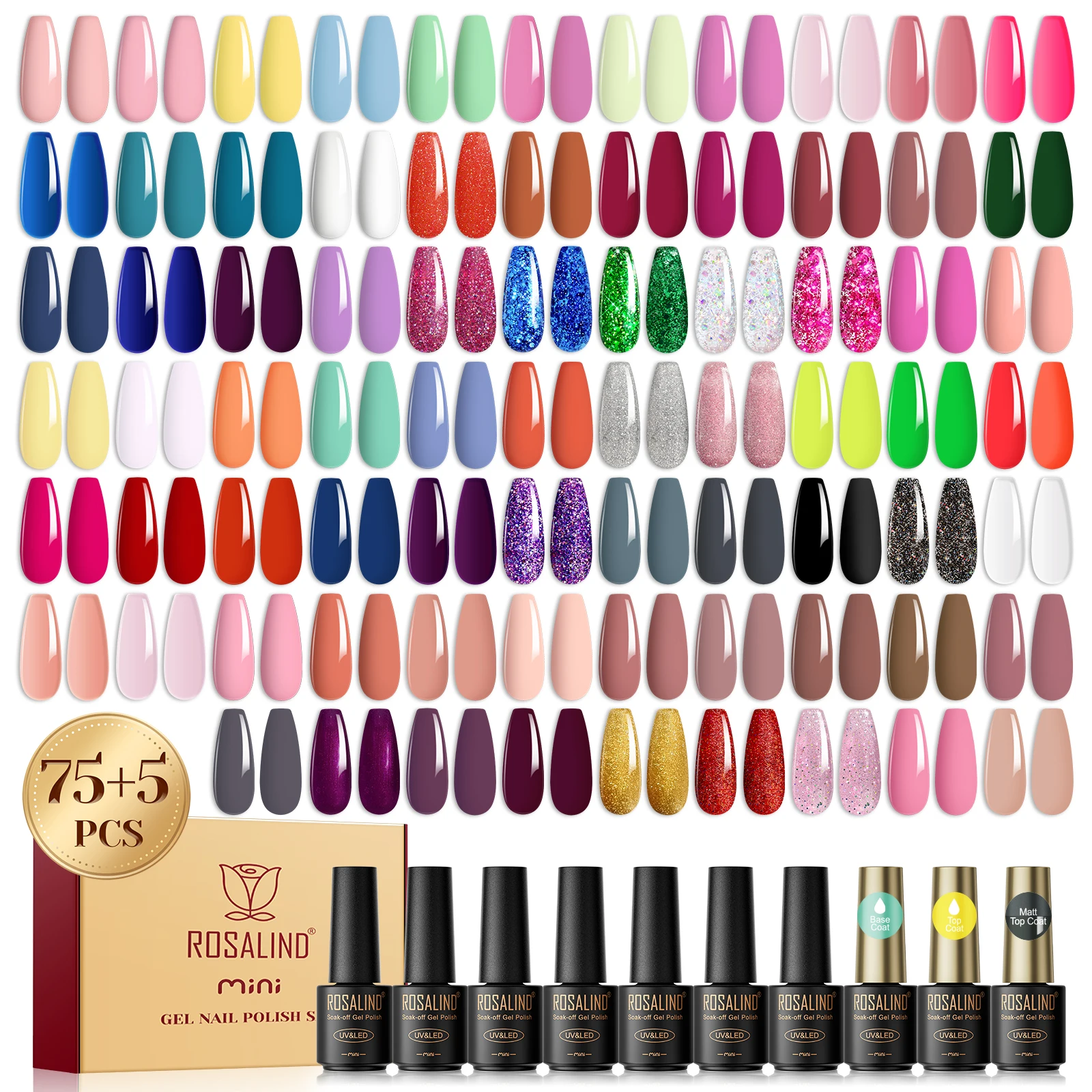 ROSALIND Gel Nail Polish Set, 80 PCS Gel polish Set with Base Coat No Wipe Top Coat Matte Top Coat Nail Polish Set Green Blue Re