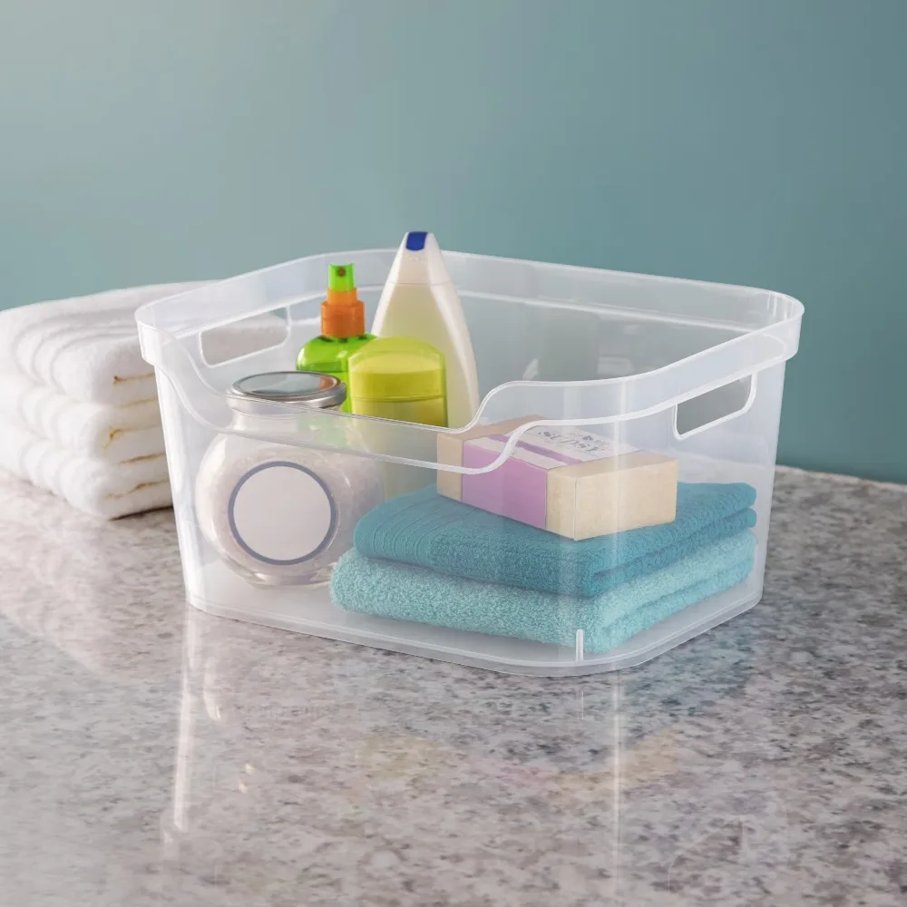 Large Clear Plastic Storage Bin with Easy Access Scoop Front for Home Organization view 3