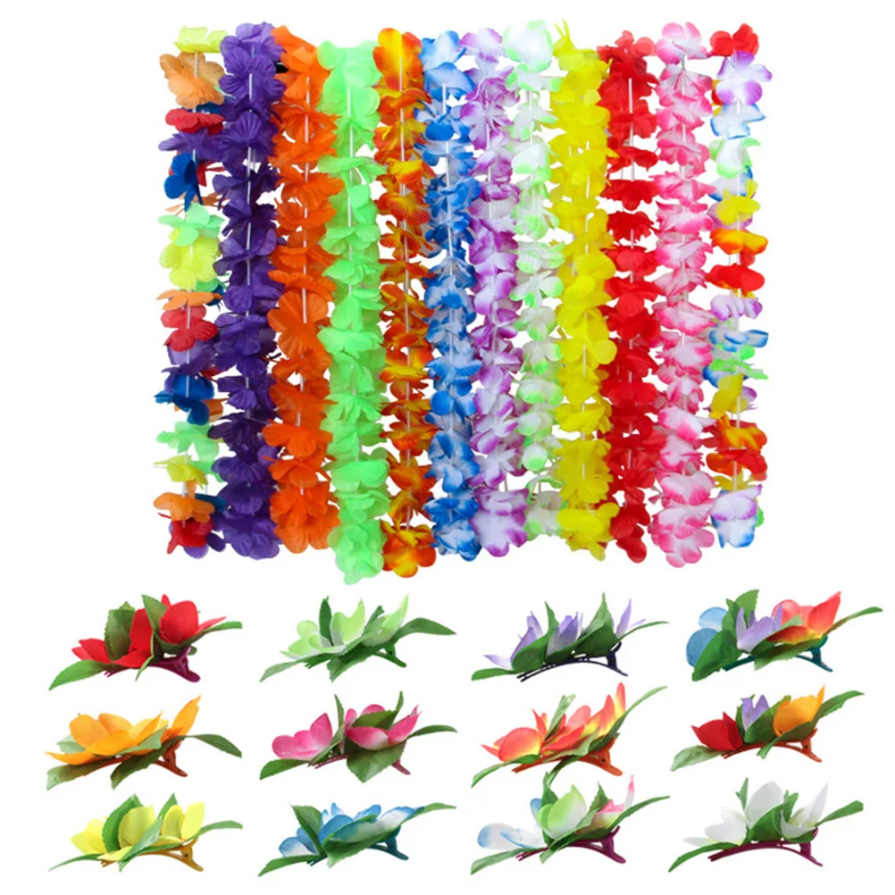 

24Pcs Hawaiian Leis Hair Set Artificial Flower Hibiscus Neck Loop Barrettes Tropical Garland Luau Party Decoration Supplies