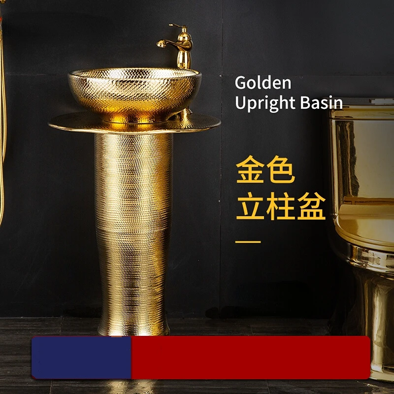 European-Style Golden Column Type Washbasin Gold Plated Pedestal Basin Hotel Household Bathroom Integrated Floor Type Wash Basin