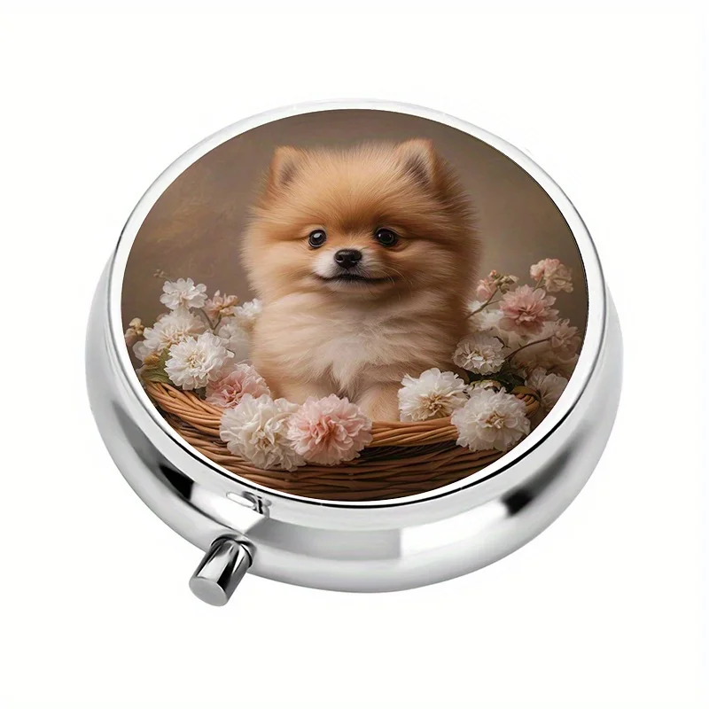 1-Pack Three-Compartment Pill Box, Cute Pomeranian Dog Flower Basket Themed Mini Pill Box, Pill Storage Box, Decorative Vitamin Storage Box, Can Be Placed in Pocket or Purse