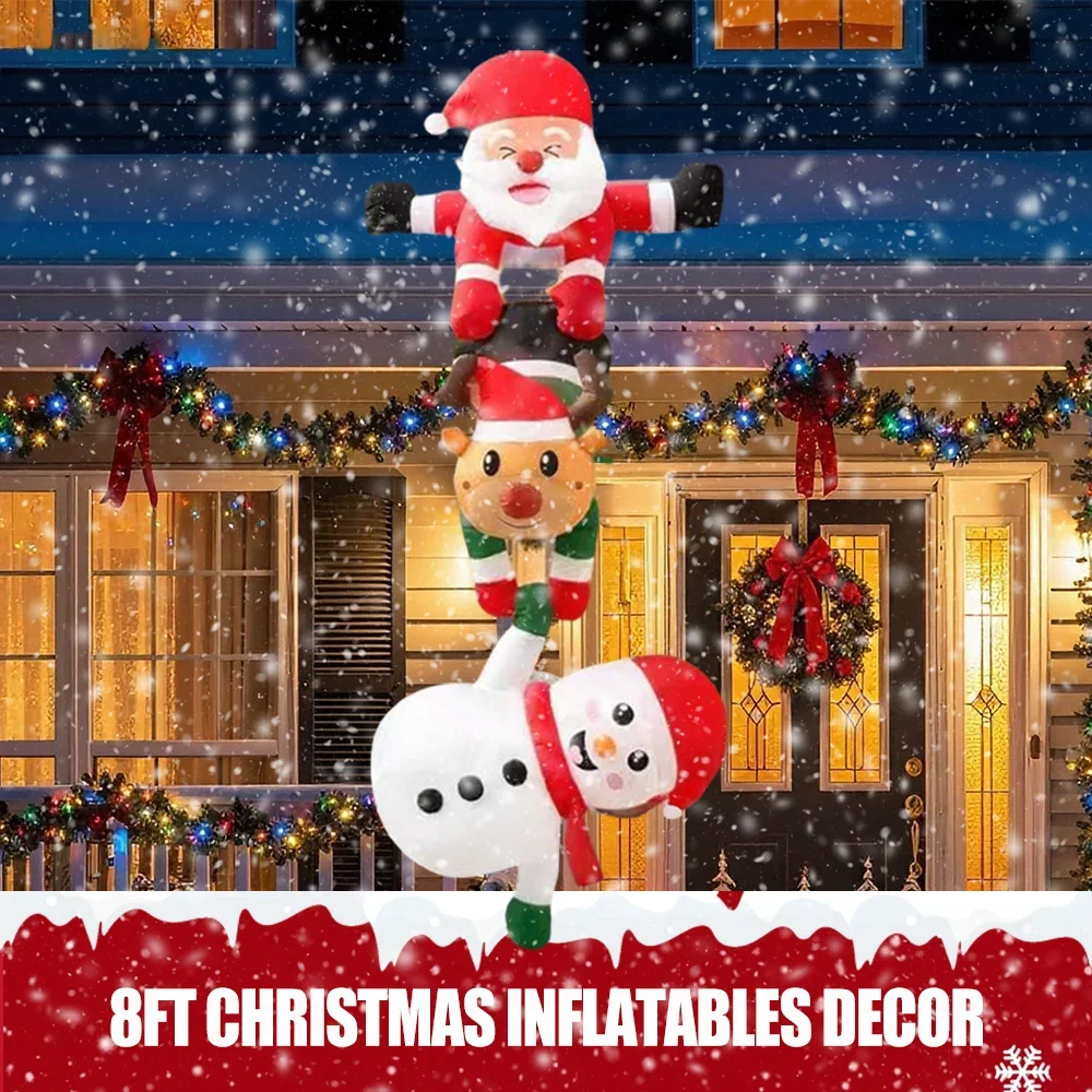 8FT Christmas Inflatables Decoration Climbing Santa Claus with Reindeer&Snowman/Elves Xmas Decor for Beam Roof Tree Indoor Party