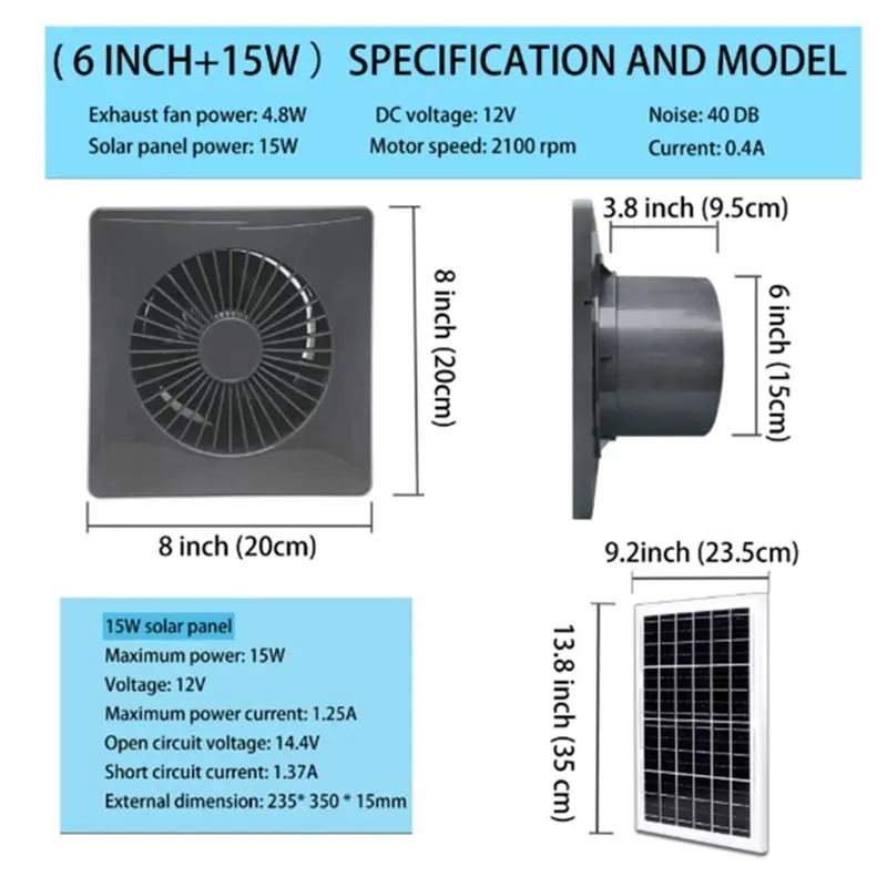 New Energy 6-Inch High-Speed 12V Solar Silent Fan With 15W Panel For Solar Exhaust In For Chicken Coops Sheds-Best Selling
