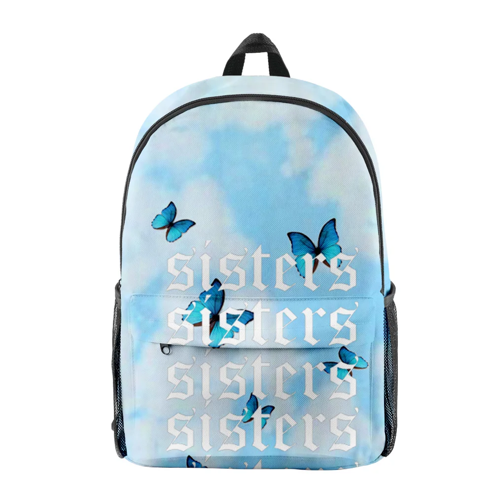 Harajuku James Charles Blue Butterfly Sisters Bookbag กระเป๋าเป้สะพายหลัง 3D พิมพ์ Oxford กันน้ําชาย/หญิงกระเป๋าเป้สะพายหลัง