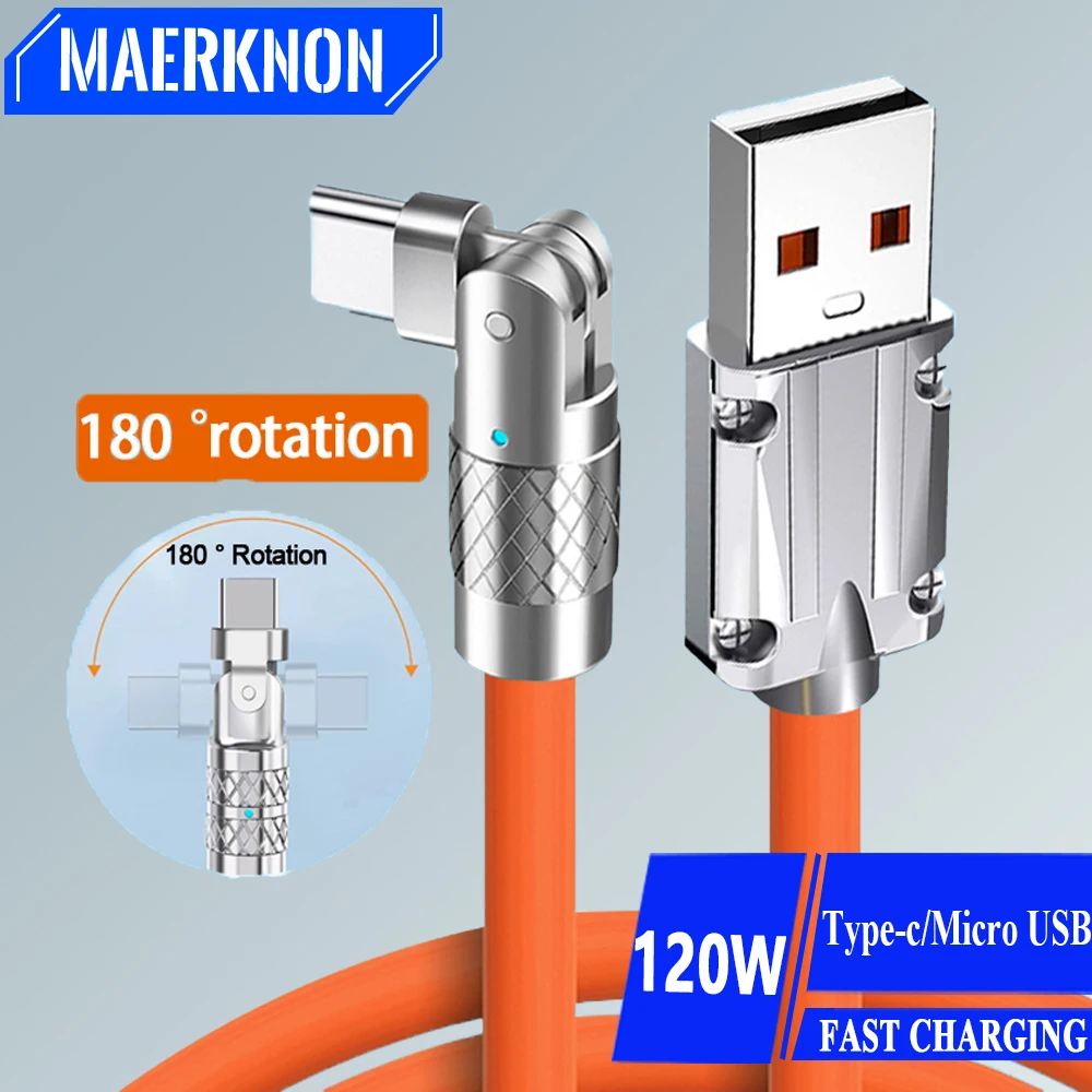 6A Type C Cable PD 120W Micro USB Data Cord 180° Rotation High Speed Fast Charging Cable Line Wire for Huawei Samsung Xiaomi 13