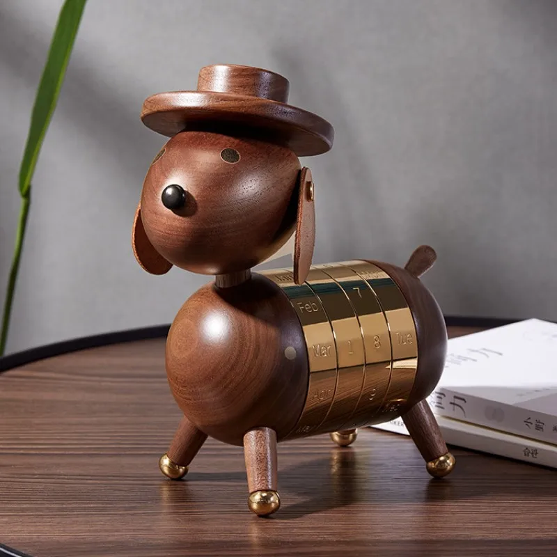 Luxury creative solid wood gentleman puppy office desktop calendar ornament wooden craft box packaging birthday gift