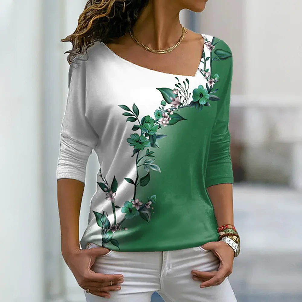 Hot S femmes v-ne fleur T-shirt Long Sve haut CleanFit H Version mi-année hiver lin matériel autres matériaux