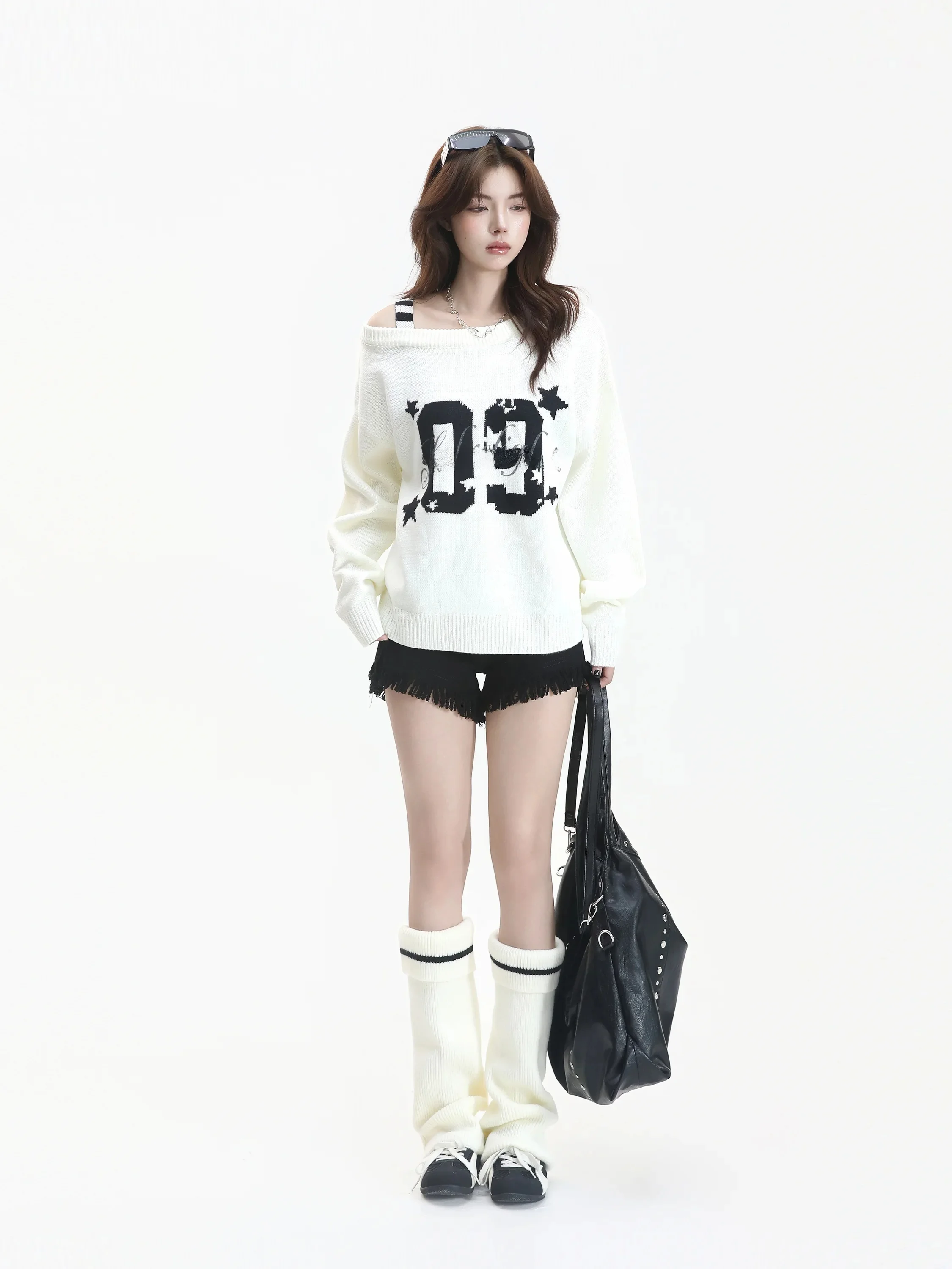 American Style Loose Fit Knitted Sweater Women's Shoulder Bared Slant Collar Pure Desire Style Digital Embroidery Casual Wear