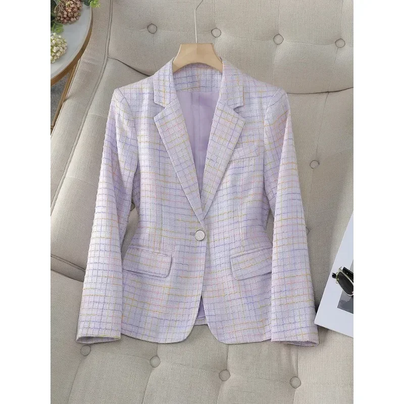 Fashion Women Casual Blazer Ladies Long Sleeve Purple Blue Green Yellow Plaid Female  Jacket Coat For Autumn Winter