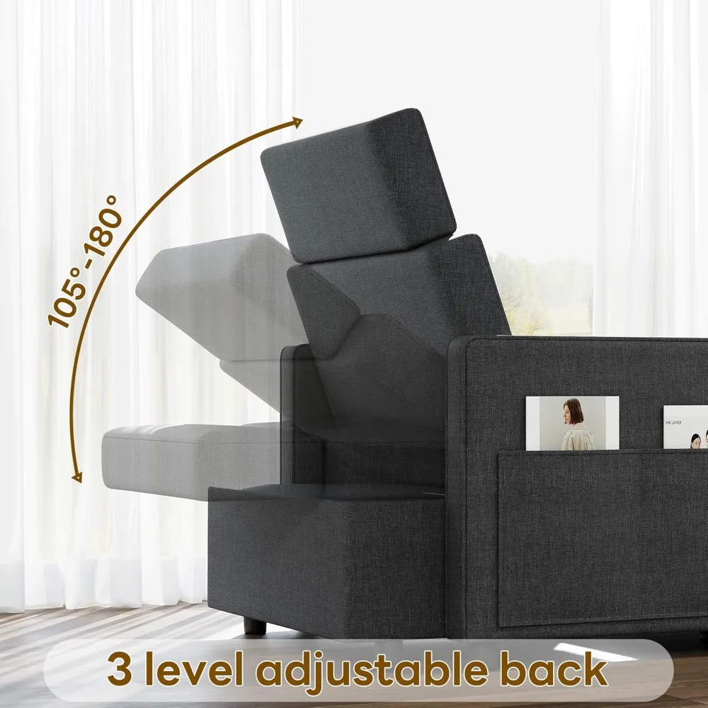 سرير كرسي أريكة 3 في 1 قابل للتحويل مع سرير مفرد قابل للسحب، مسند ظهر قابل للتعديل، قماش كتان لراحة غرفة المعيشة #6