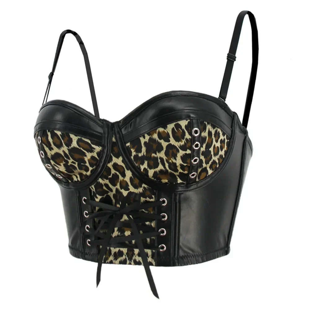 Women Faux Leather Push Up Overbust Corset Gothic Black Leopard Corselet Crop Top Bustier Bra with Straps Fashion Streetwear