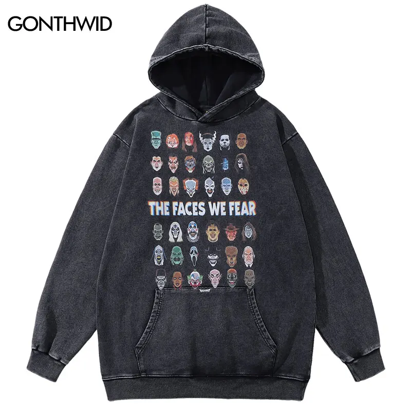 

Hip Hop Vintage Hoodie Cartoon Killers Graphic Print Washed Hooded Sweatshirt 2023 Fashion Harajuku Loose Punk Oversized Hoodies