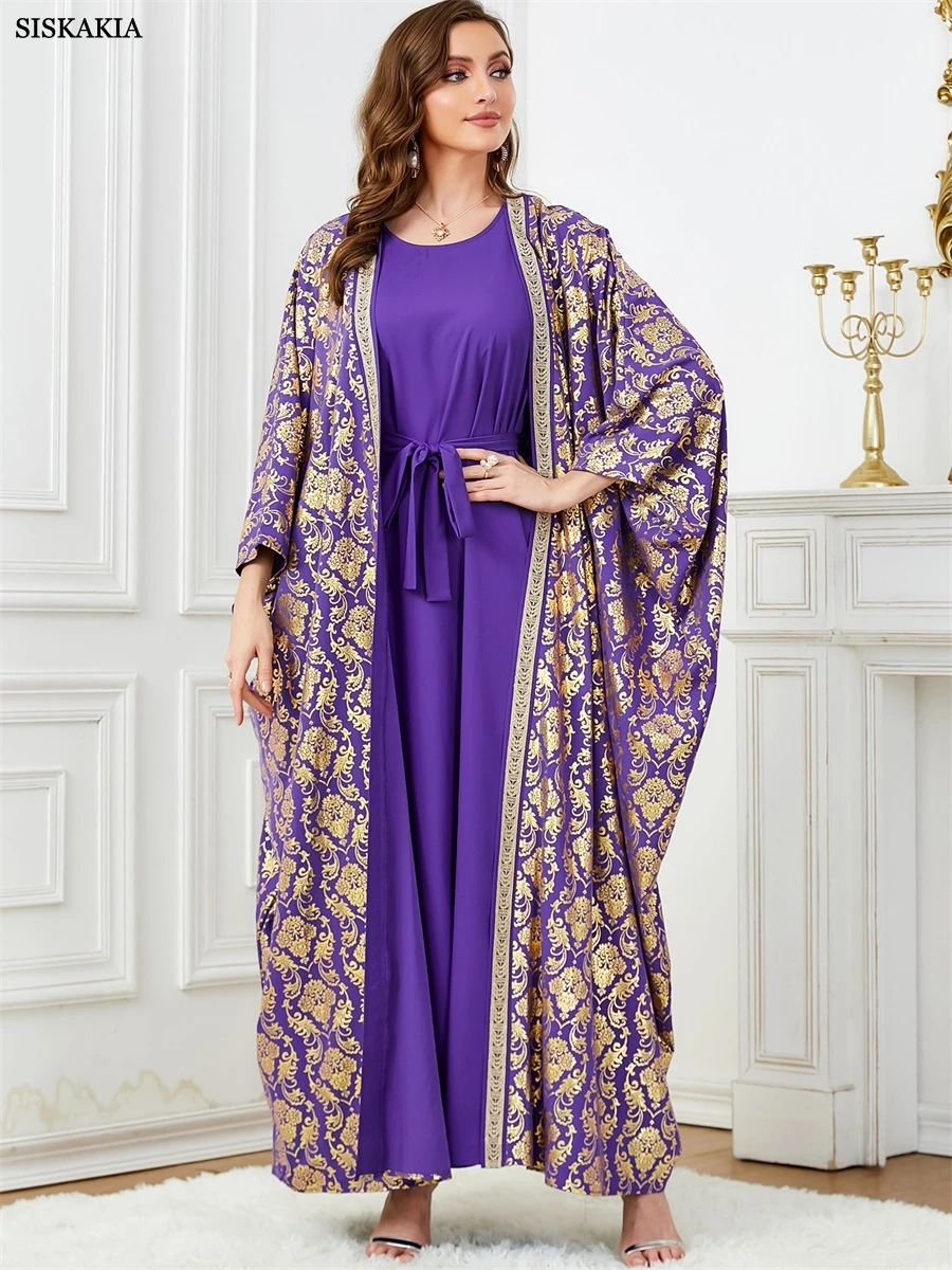 Siskakia Dubai goud stempeljurk moslim tweedelige set Abaya O-hals riem inclusief vleermuismouw