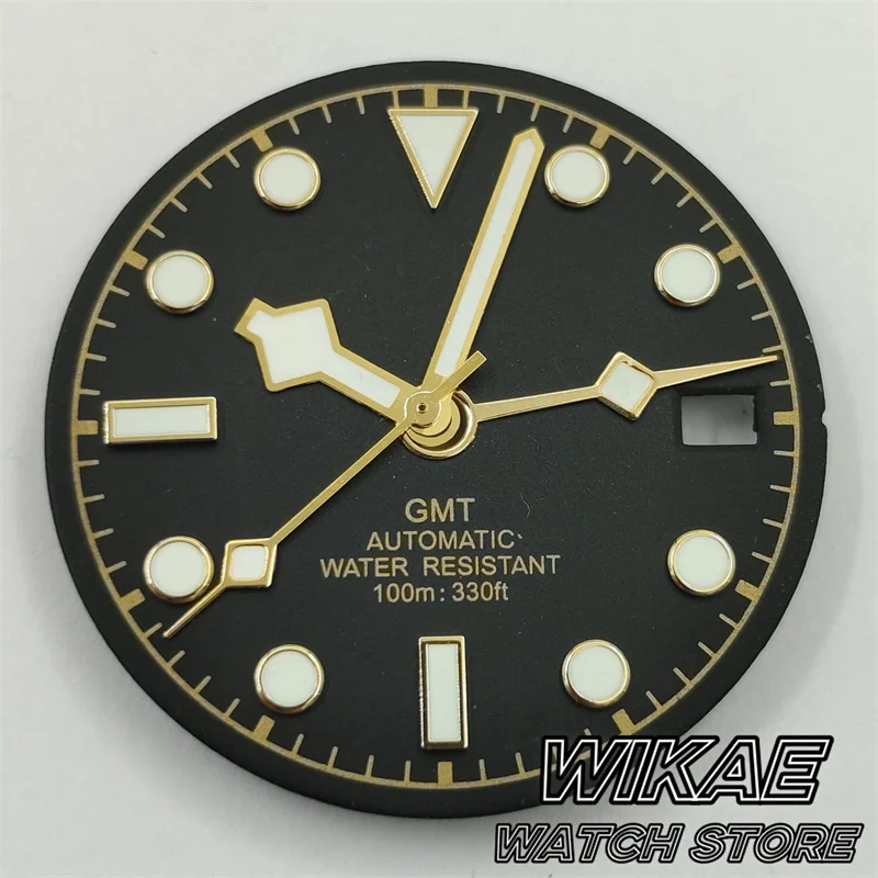 29mm GMT NH34 Watch Dial Snowflake Hand Set Black White Blue Face Gold Rose Index With Green Luminous Fit NH34 Watch Accessories