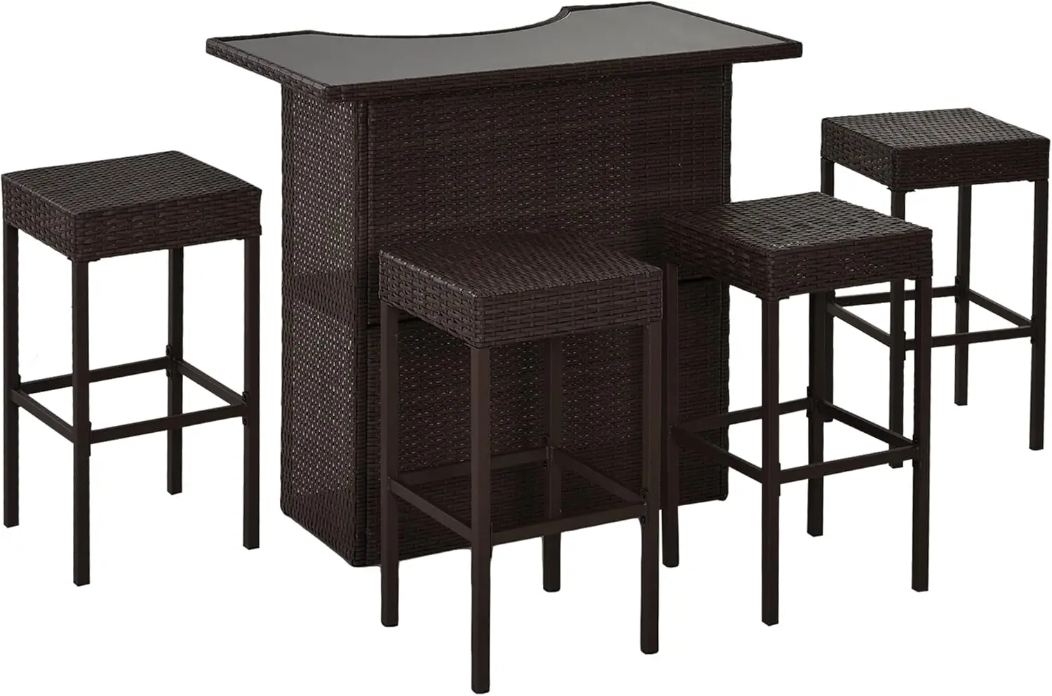 

5 Pcs Rattan Wicker Bar Set, High Top Outdoor Table and Chairs, Bar Height Patio Set with Glass Table Top 2 Tier Storage Shelf