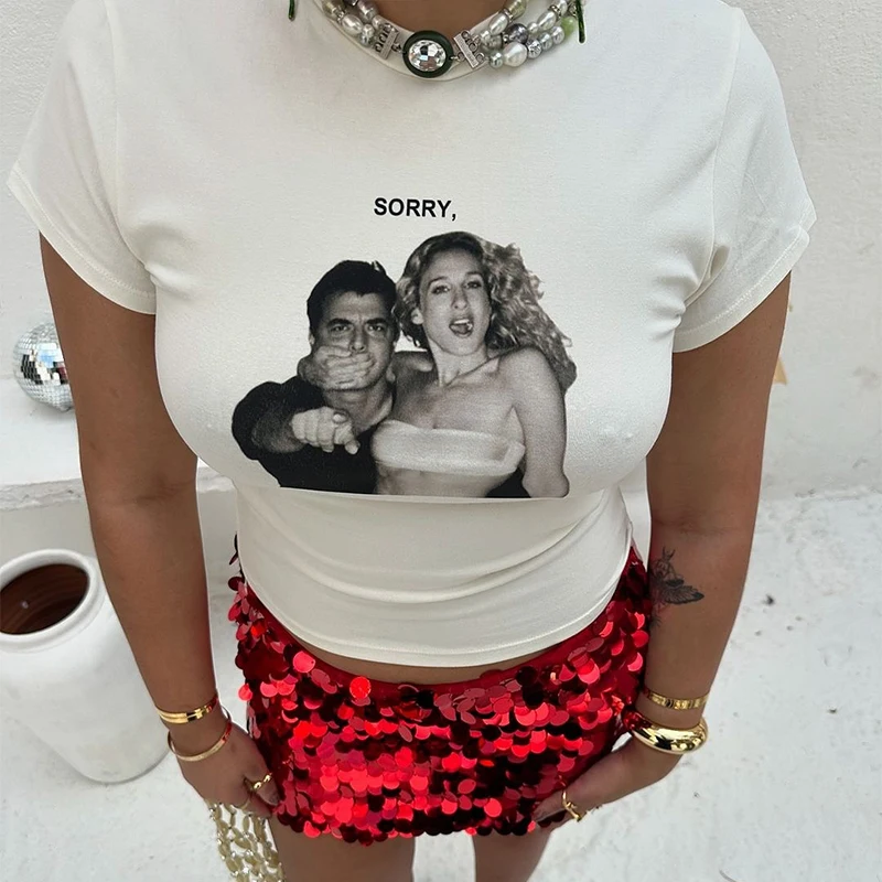 O-neck Casual T-shirt Female Y2k Aesthetic Retro Basic T-shirt Women's Retro Graphic Cut Coat White Short Sleeve  2000s Clothes