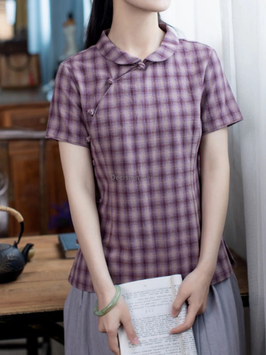 

2025 блузка в клетку из чистого хлопка, новинка лета, китайский стиль, кукольный воротник с короткими рукавами, топ Ципао, винтажный стиль для отдыха, повседневный женский топ