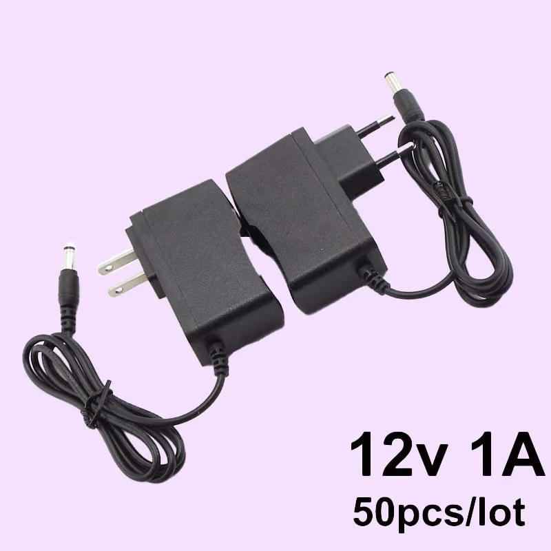 50pcs 12V 1A 1000mA 100V 240V AC to DC Power Adapter Supply Charger wall plug adapter for LED Strip Light CCTV 5.5mm x 2.1mm P1