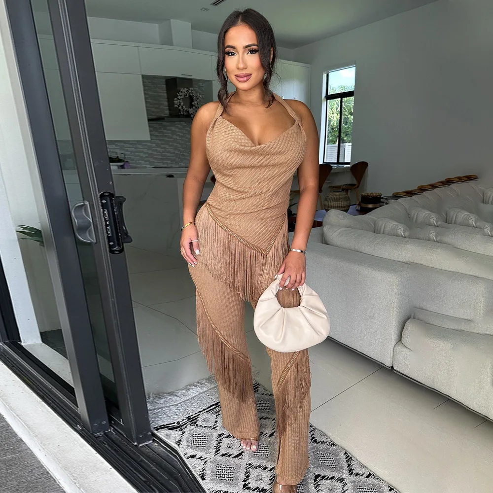 ชุดสตรีพร้อมเน็คไทคอ เสื้อแขนกุดเว้าหลัง และกางเกงทรงหลวมทรงเข้ารูป ชุดสองชิ้นพู่เซ็กซี่ 2025