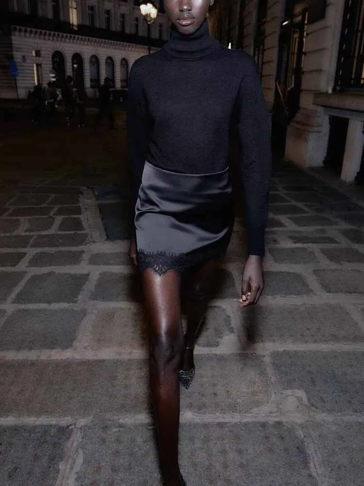 European and American style winter new arrivals fashionable women's clothing high-waisted design textured lace hem skirt pants