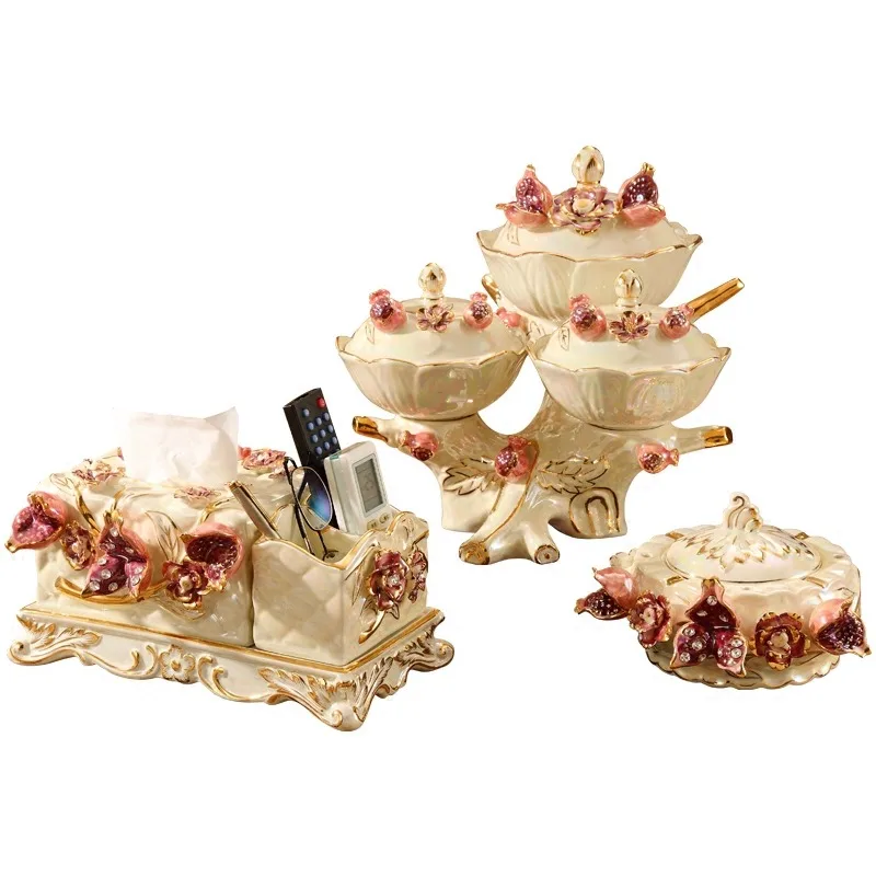 

European fruit plate set, luxury and creative modern living room household tissue box, ceramic fruit plate three-piece set ornam