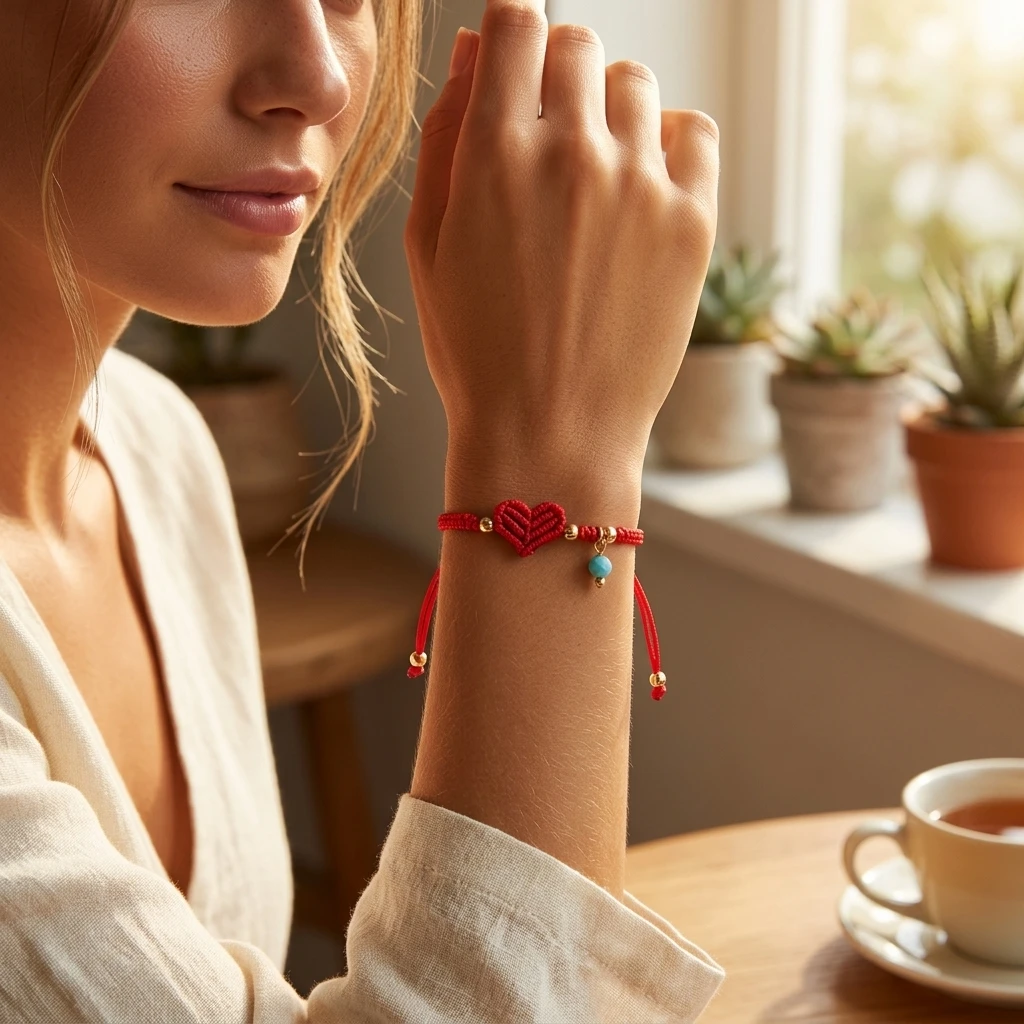 1pc Red Cotton Cord Heart Charm Bracelet with Copper Beads Tie Closure Sweet Romantic Braided Style for Women Gift for Her