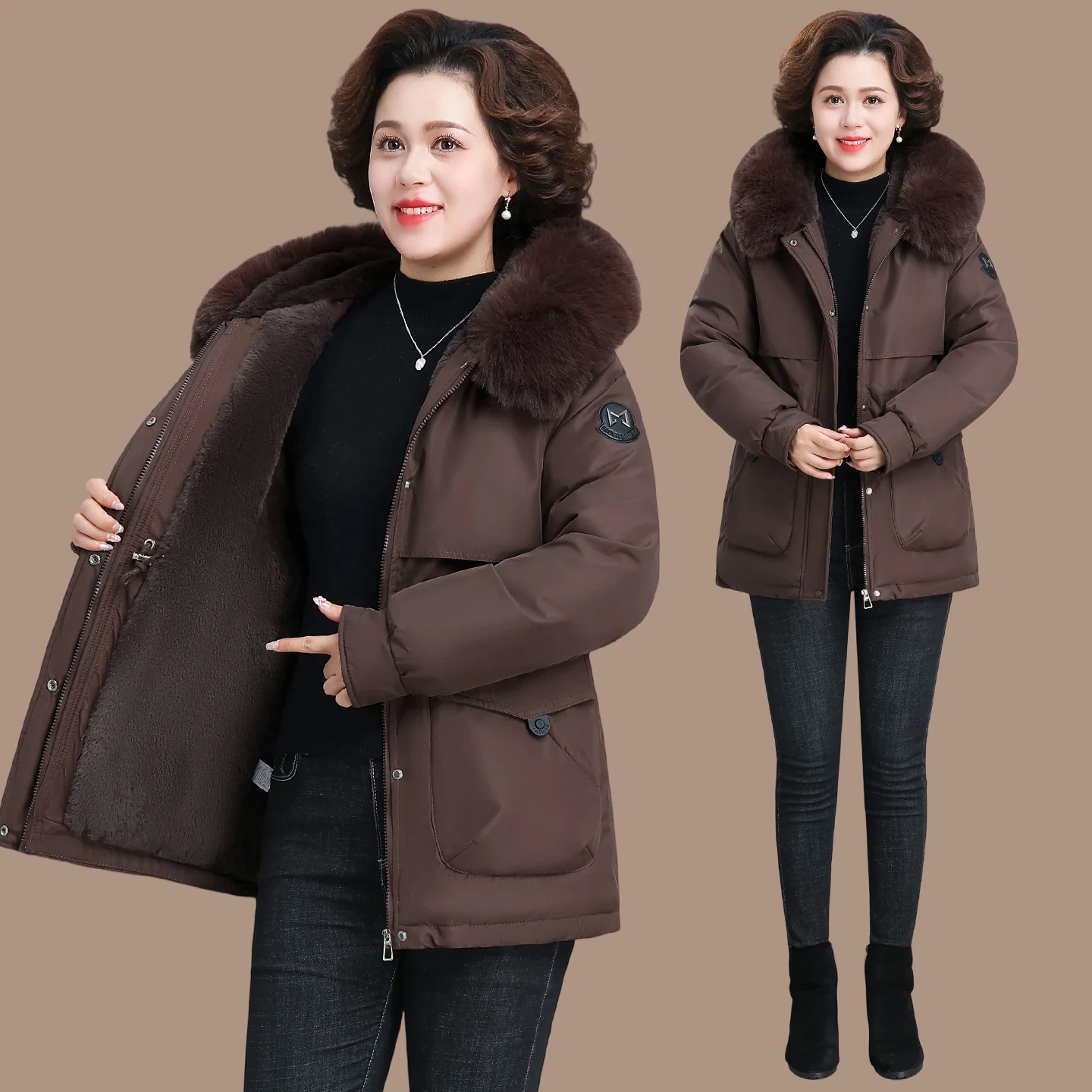 

Thiened Autumn Winter Women's Parka Coat with Fce for Middle-Aged And ly Mothers Brand Cotton Outerwear Long Sve...