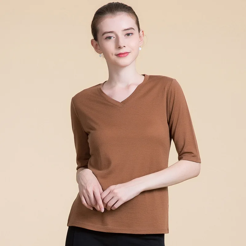 MadBlack-100%Wool Elegant Knit T-Shirt, V Neck Half Sleeve Solid, Women Korean Basic Versatile Top, 2026 Autumn New T67111CC