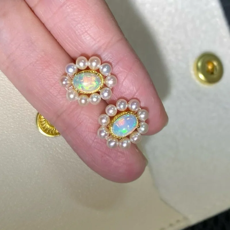 

SGARIT Natural Opal Gemstone Pearl Earrings for Women Oval 925 Sterling Silver Freshwater Pearl Earrings Jewelry Gift