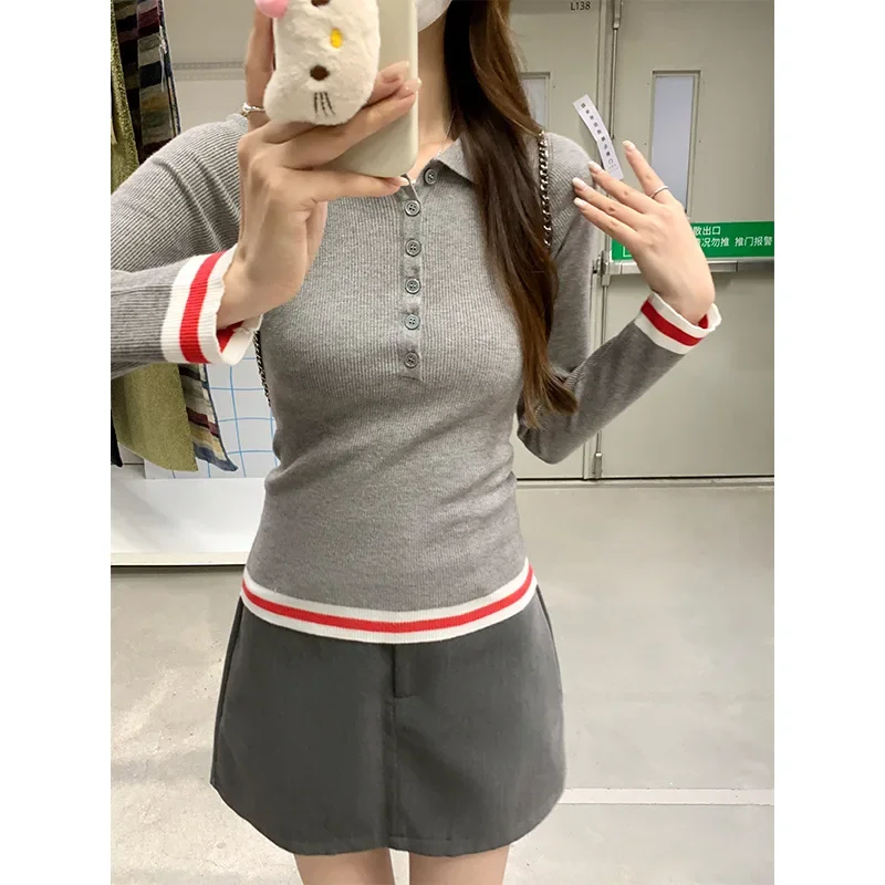 Small and Cold Style Polo Collar Standing Collar Long Sleeve Knitted Shirt for Women in Autumn Unique and Unique Top Primer