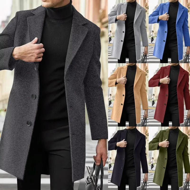Fashionable Men's Wool Blended Casual Business Windbreaker with Woolen Fabric Fashion Korean Edition Medium length Jacket Coat