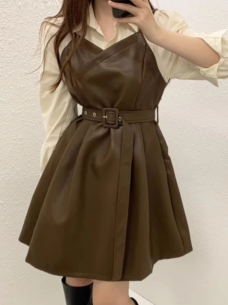 Chic automne Vintage col en cuir PU ort Dr femmes taille haute faux deux pièces conception minceur Patchwork Dr