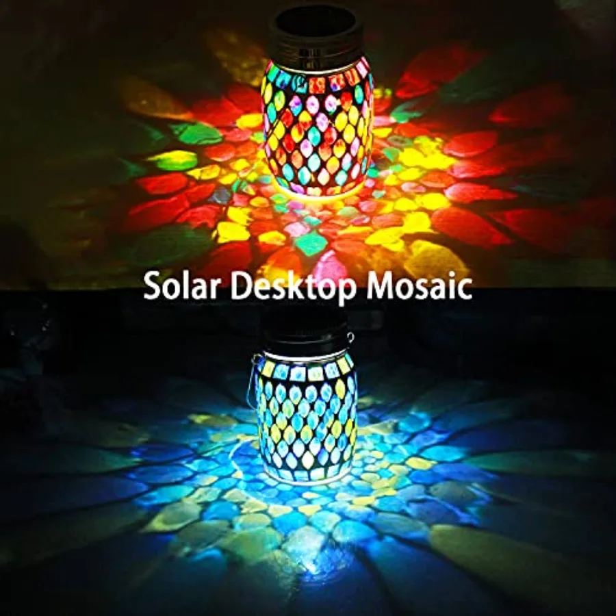 2 Pack Solar Outdoor Mosaic Lantern, Solar Lights Outdoor Hanging Lanterns Rechargeable Waterproof Table lamp Mosaic Night Ligh