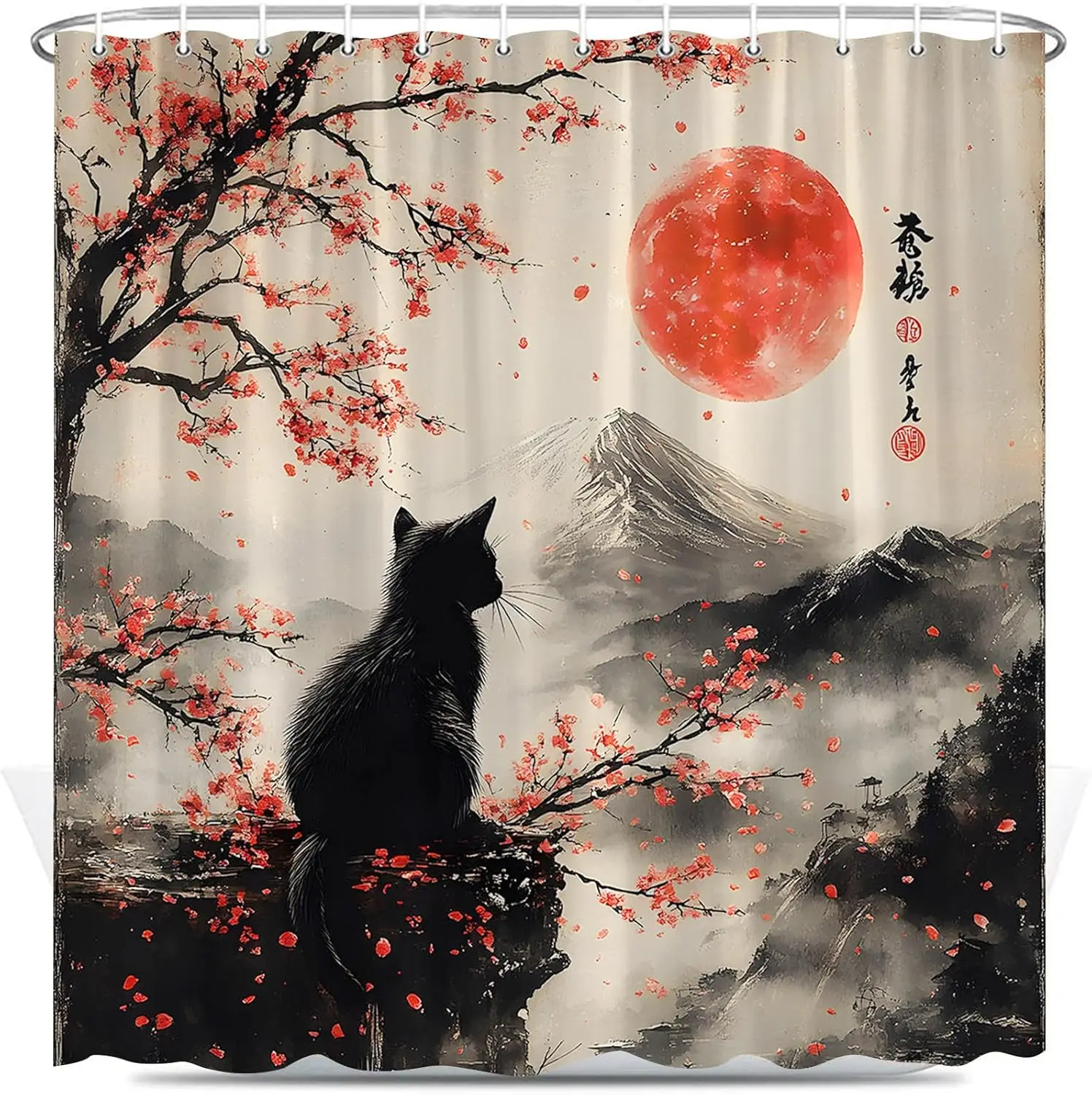 Japanese Cat Shower Curtain Vintage Floral Red Plum Blossom Cherry Blossom Black Cat Asian Rustic Mountain Traditional Bathroom