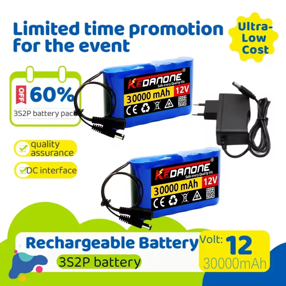 

⚡⚡12V 3S2P 30Ahrechargeable battery pack suitablefor LED monitoring, smart speaker, mascot fan operation+12.6V⚠1A charger