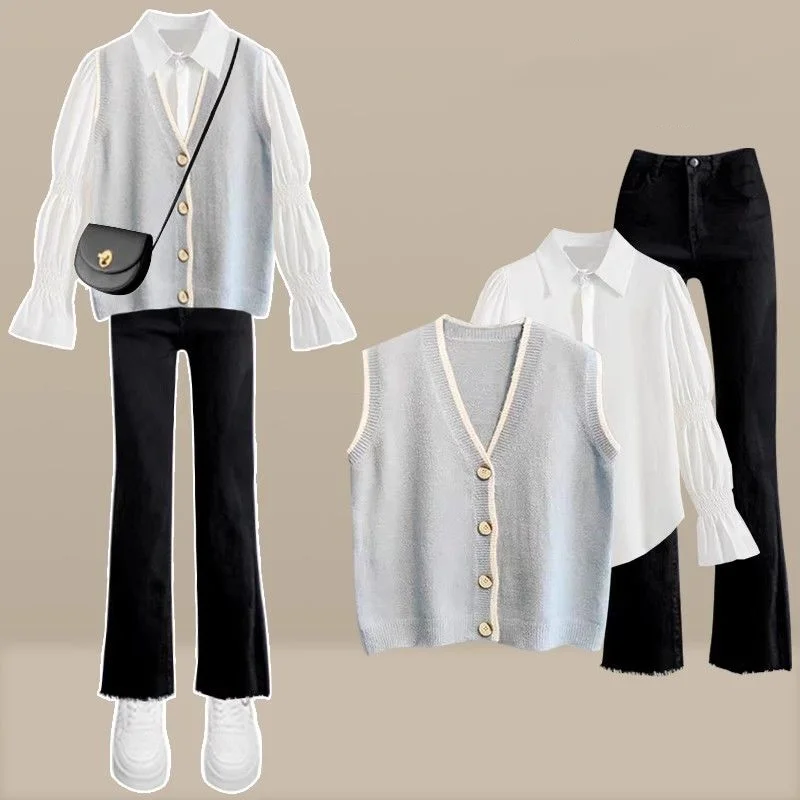 Korean Fashion Outfits Spring and Autumn New Solid Color Shirt Cardigan Vest High Waist Jeans Three Piece Set For Women