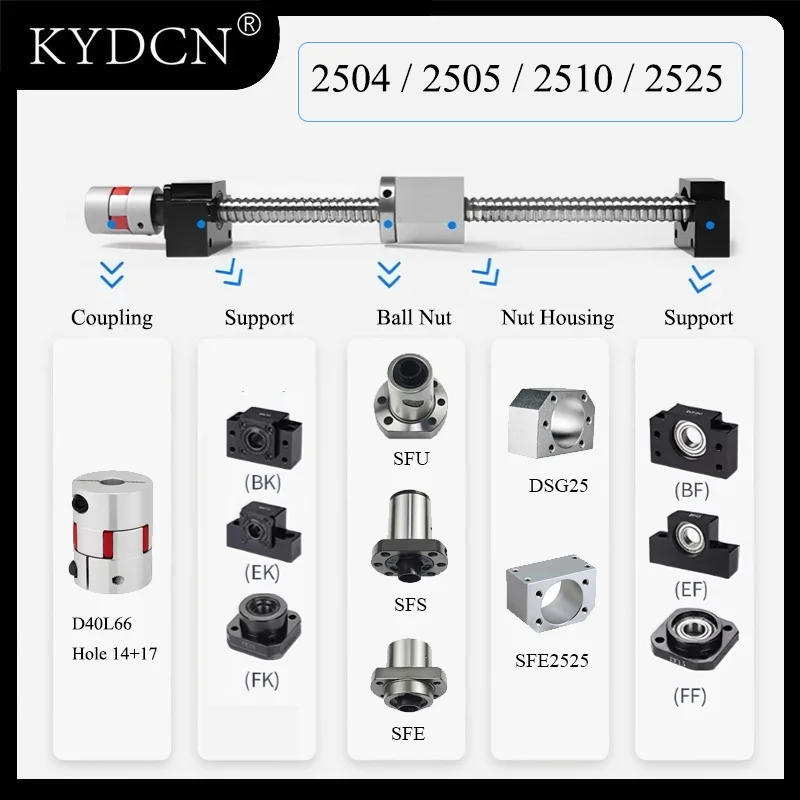High-precision RM2505 25mm Ball Screw SFU2504 SFU2505 SFU2510 Lead Screw C7 With Flange Single Nut BK20BF20 End Machined for CNC