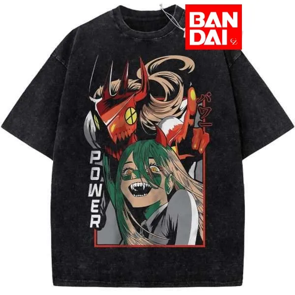 

Chainsaw Man Power Blood Fiend Acid Wash Oversized Black TShirt 2026 Summer Anime Streetwear Graphic Tee