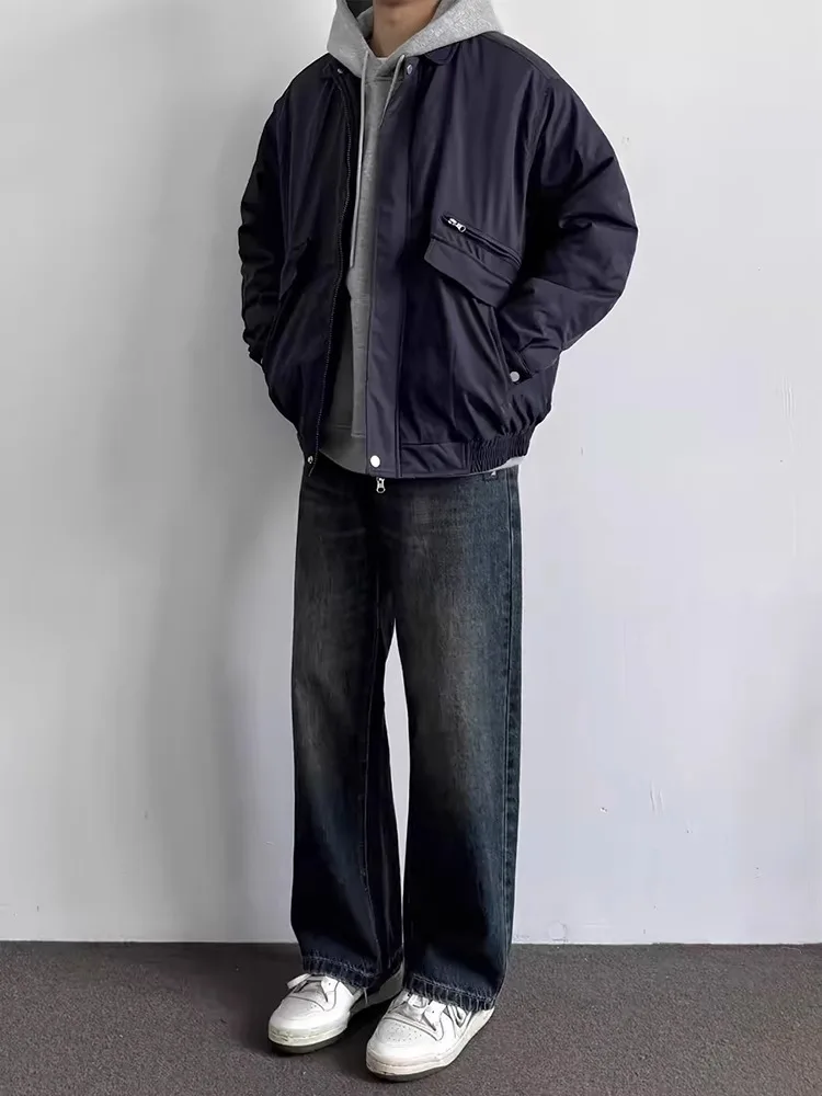 Calça Jeans Masculina Azul Escuro, Perna Reta, Inverno, Estilo Americano Retrô do, Perna Larga Soltinha, Micro Flare, Juv...