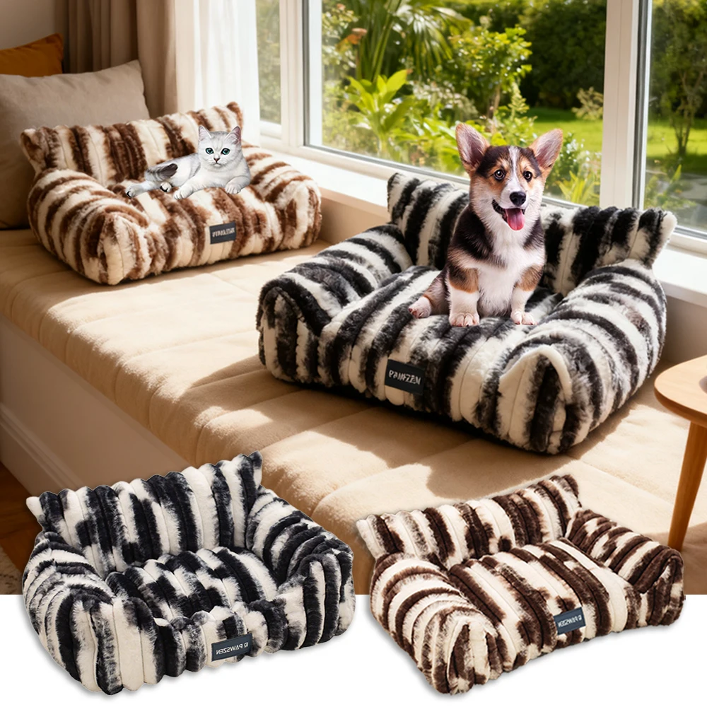

Zebra Stripes Sofa Cat Bed Sofa Winter Warm Cat Nest Pet Bed for Small Medium Dogs Cats Comfortable Plush Puppy Bed Pet Supplies