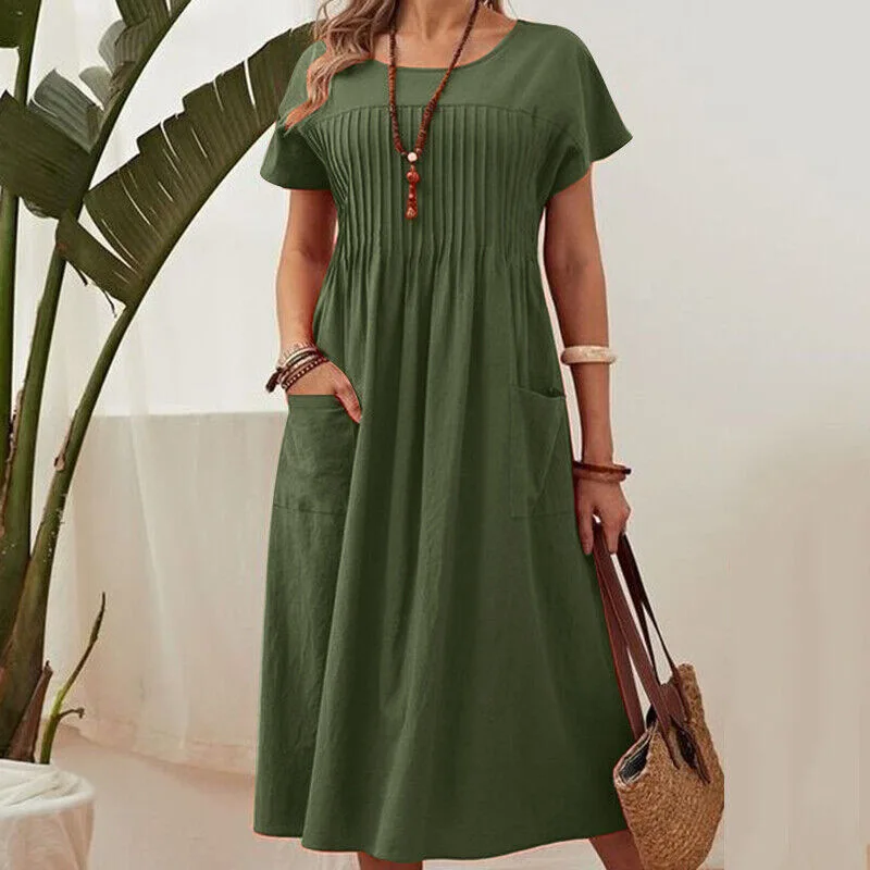 Summer Women's O-neck Dress Short Sleeves Pleated Pockets Cotton-linen Blend Retro Simple Midi Skirt