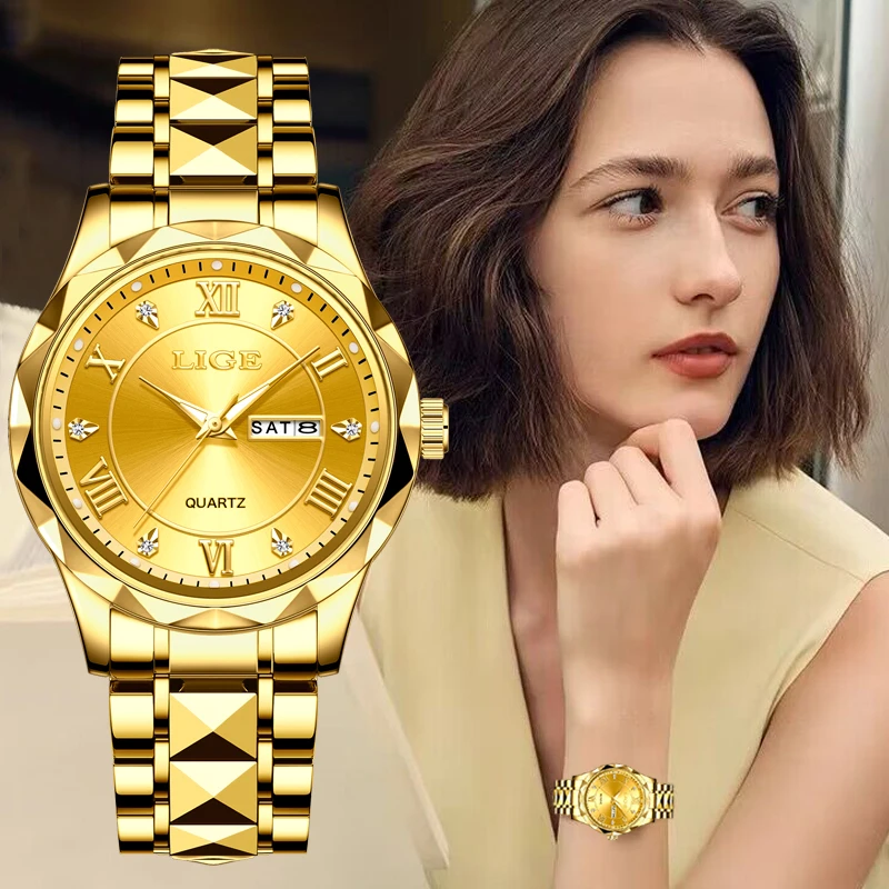 LIGE Ladies Wristwatch Luxury Waterproof Luminous Date Gold Watch For Women Dress Stainless Steel Quartz Women\'s Watches+Box