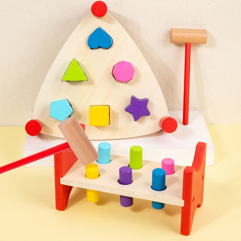 Wooden Educational Toys Pile Driving Game Colors Cognition/ Shapes Matching Activities Hammer Game for Hand-eye Coordination