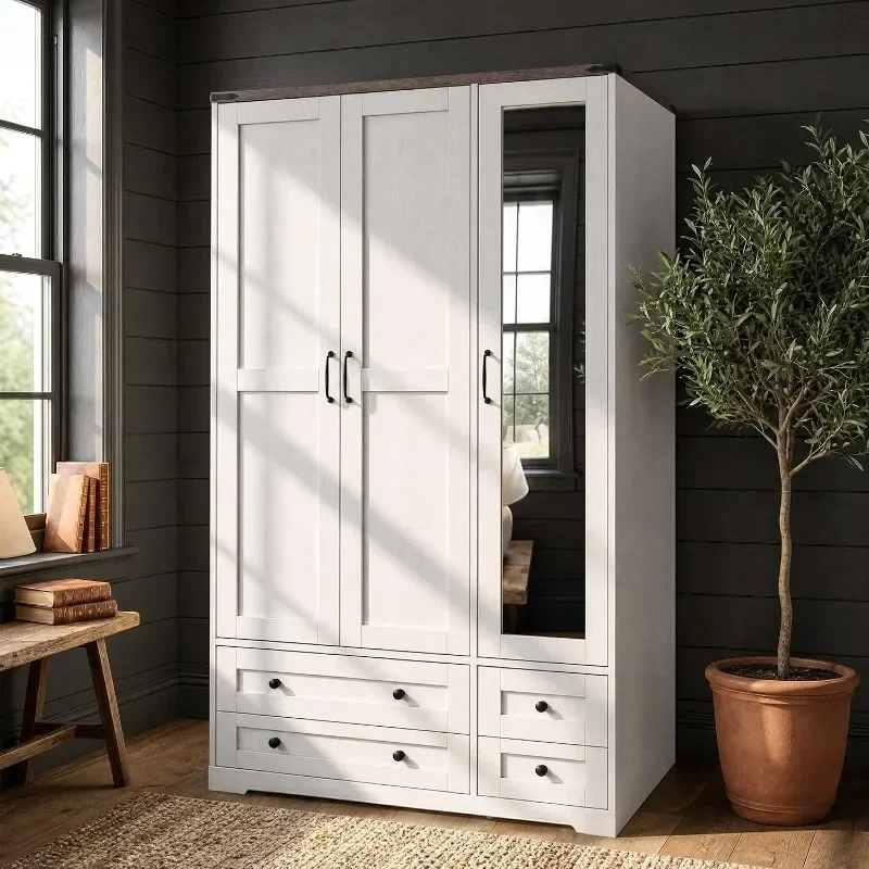 Yechen  Wooden Armoire Wardrobe Closet with Mirror and 4 Drawers, 3-Door Modern Functional Clothes Tall Storage Cabinet with 4